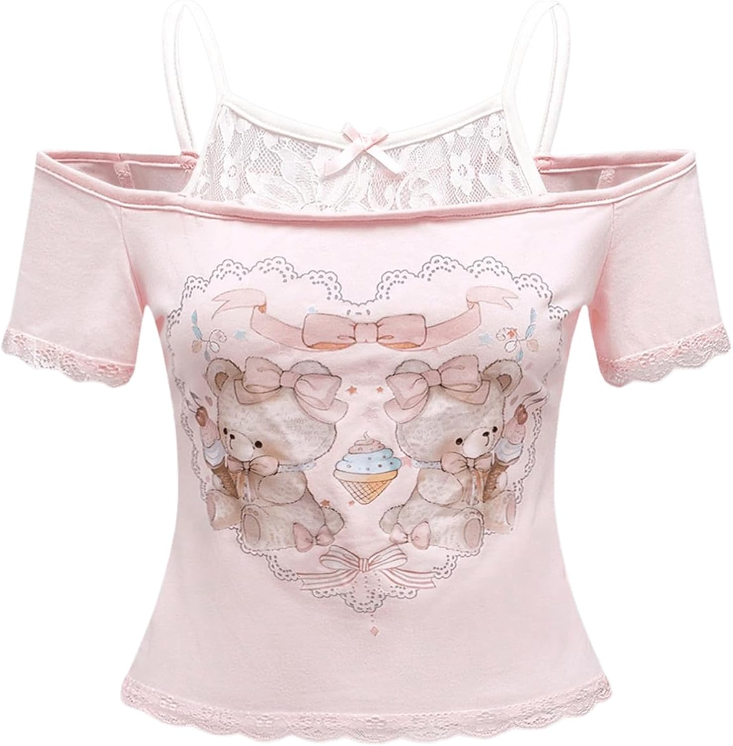 Women's Y2K Coquette Aesthetic Crop Tops Summer Kawaii Clothes Cute Lace Bow Cold Shoulder Graphic Tees