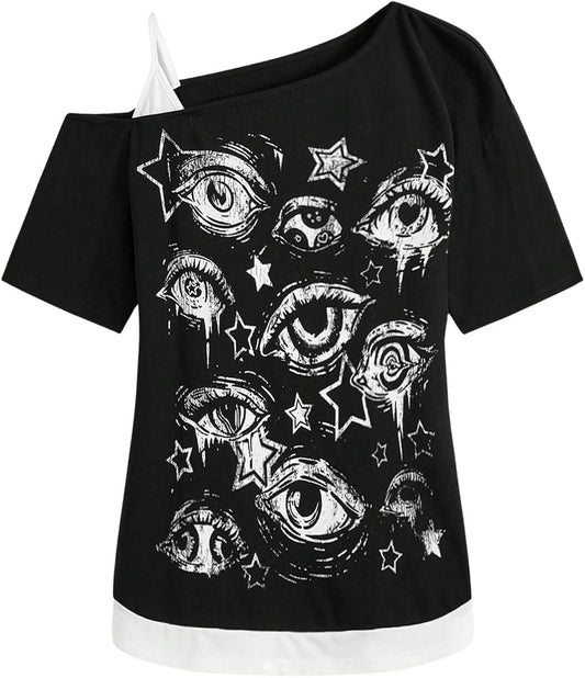 Women's Gothic Grunge Cold Shoulder Short Sleeve T Shirts 2 in 1 Asymmetrical Tee Tops