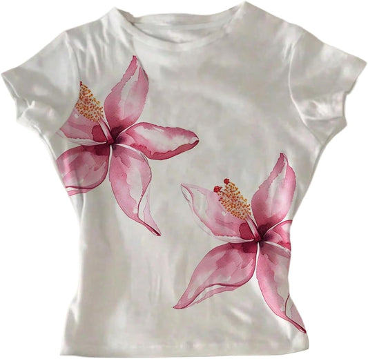 Women's Floral Graphic Tees Summer Short Sleeve Crop Tops Y2k Aesthetic T Shirt White Floral Medium