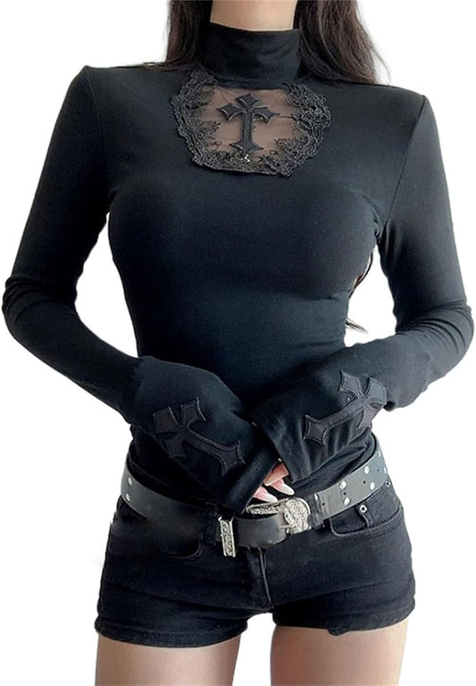 Goth Turtleneck T Shirt for Women Grunge Y2k Vintage Emo Punk Rave Japanese Gothic Long Sleeve Fitted Cute