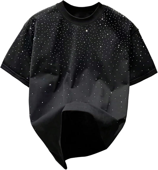 Men's Rhinestone T Shirts Glitter Crewneck Short Sleeve Casual Summer Tops Tee Shirt