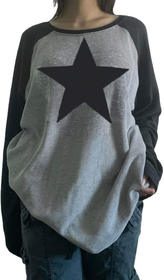 Y2K Pullover T-Shirts Women Contrast Patchwork Grunge Harajuku Clothes Full Sleeve Preppy Long Sweats Tops
