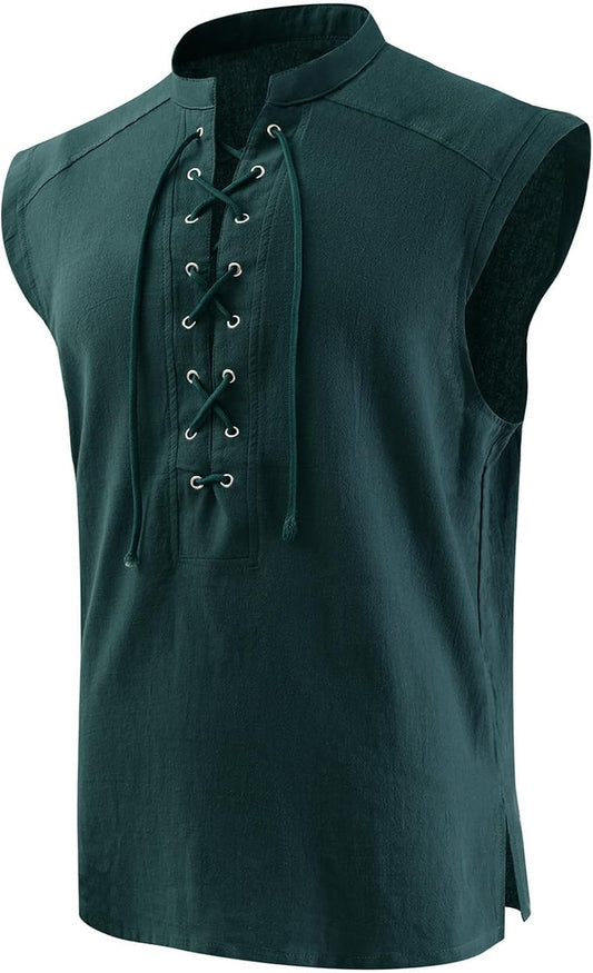 Mens Medieval Pirate Lace-up Sleeveless Shirt, Renaissance Viking Stand Collar Top, Steampunk Gothic Costume Tunic