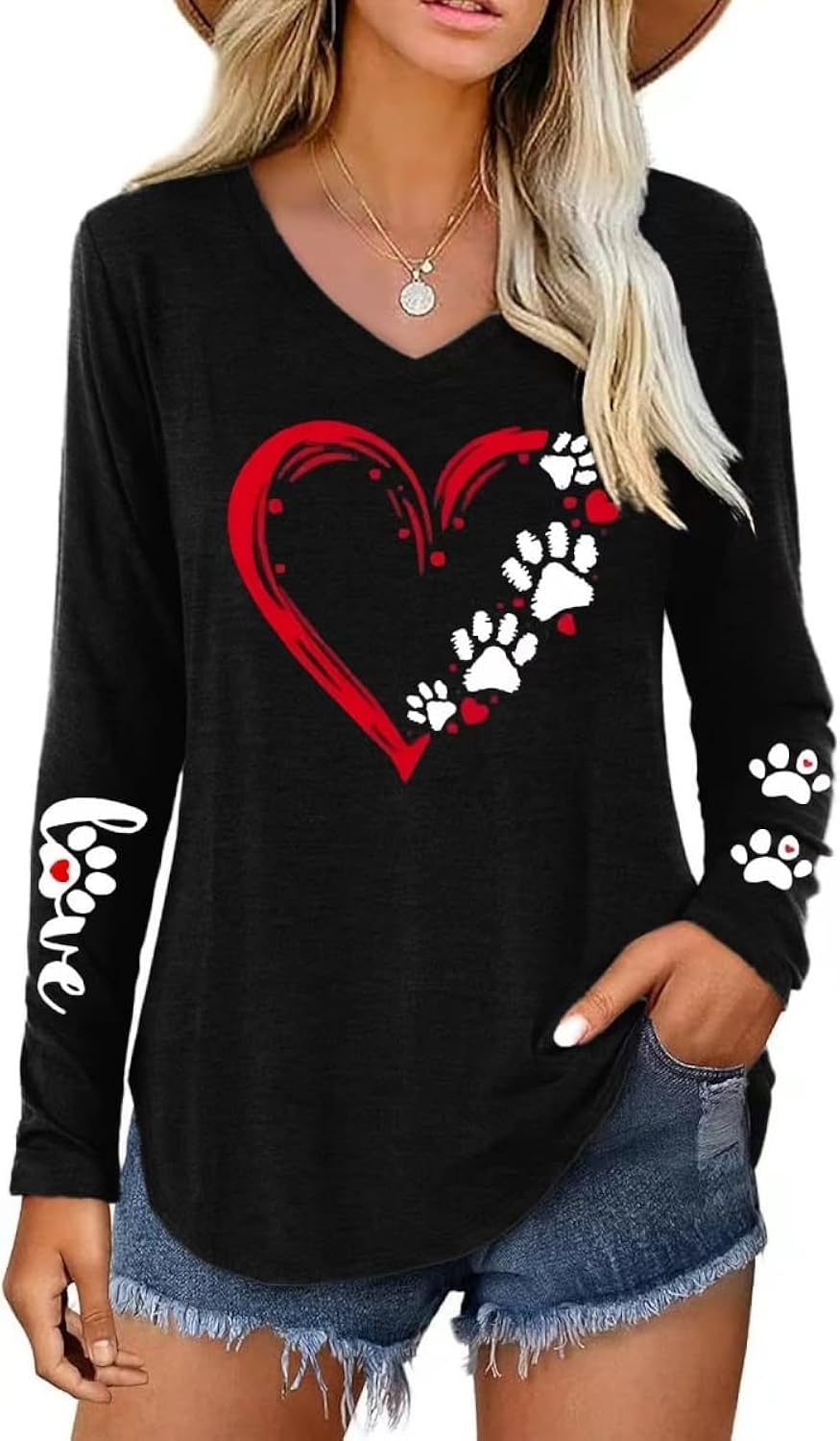 Women's Valentine V Neck T Shirt Love Heart Graphic Tee Lovers Long Sleeve Shirt Casual Couple Tops Blouses