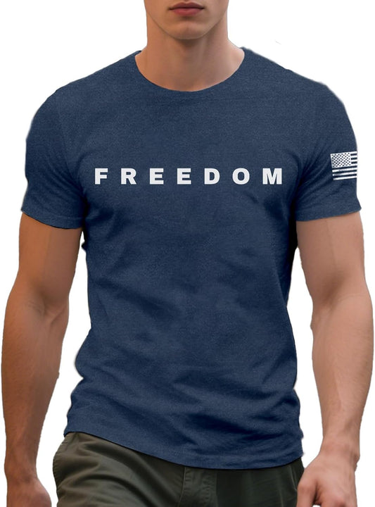 Freedom Shirts for Men 4th of July Tshirt Freedom America Flag Tees Patriotic Crewneck Short Sleeve Top