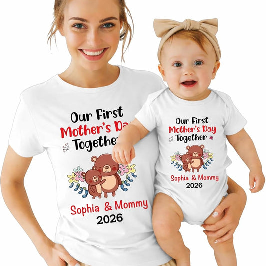 Personalized Our First Mother’s Day Matching Shirt, Custom Name Mommy Tshirt & Baby Onesie, Gift for Mothers Day