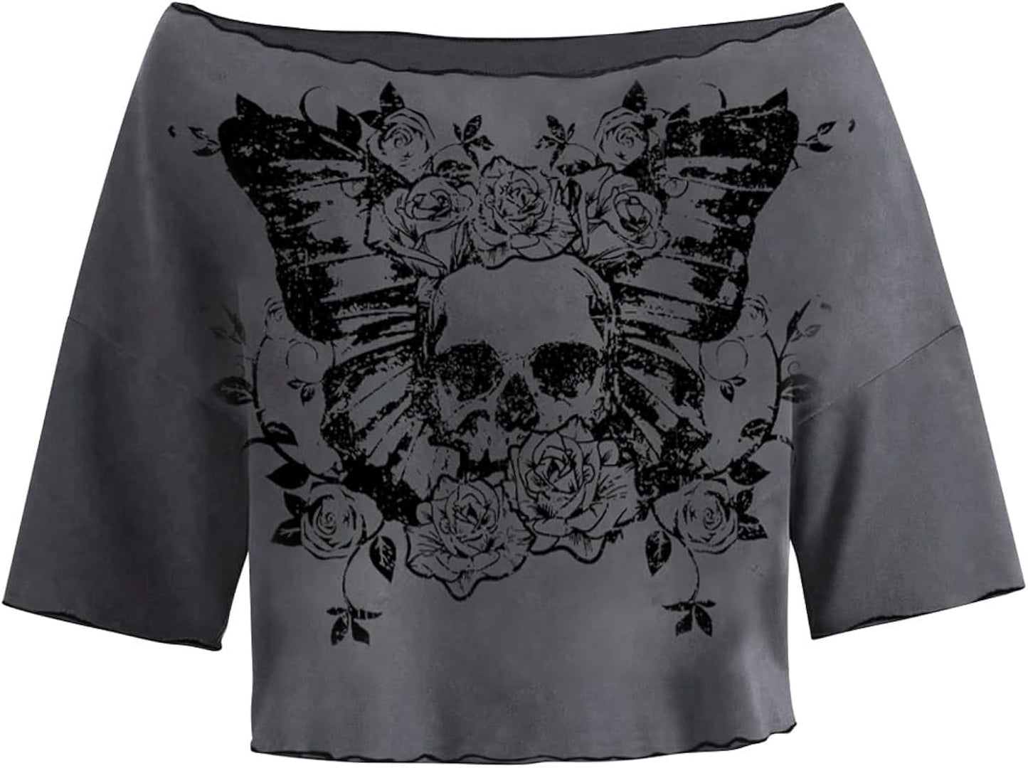 Womens Y2K Grunge Shirts Short Sleeve Off Shoulder Crop Graphic Tees Goth Skull Tops
