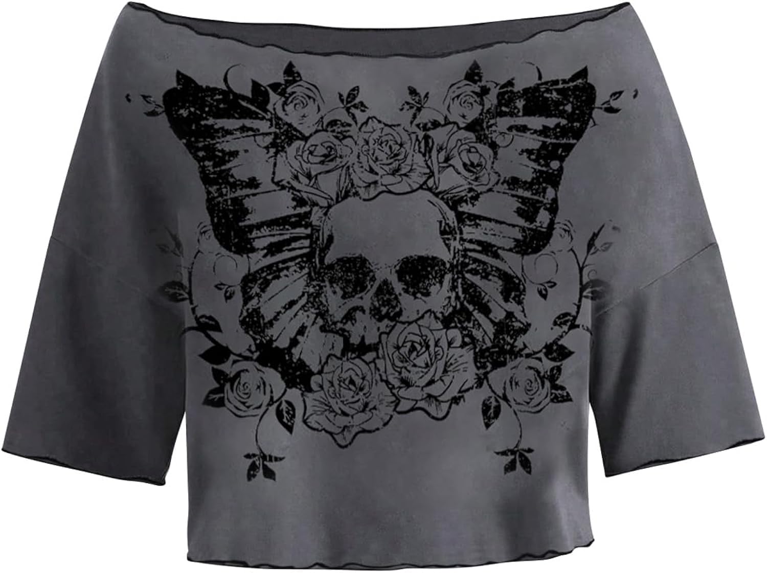 Womens Y2K Grunge Shirts Short Sleeve Off Shoulder Crop Graphic Tees Goth Skull Tops