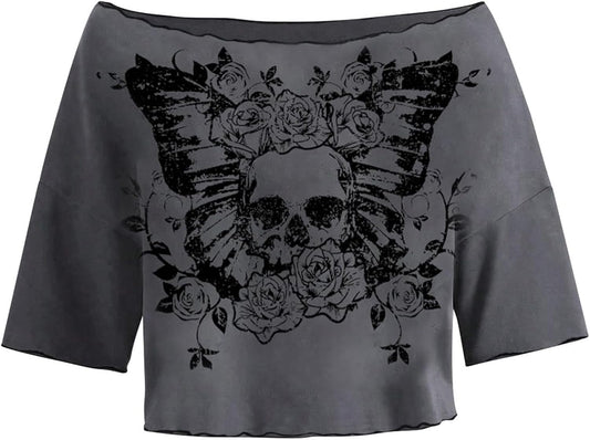 Womens Y2K Grunge Shirts Short Sleeve Off Shoulder Crop Graphic Tees Goth Skull Tops