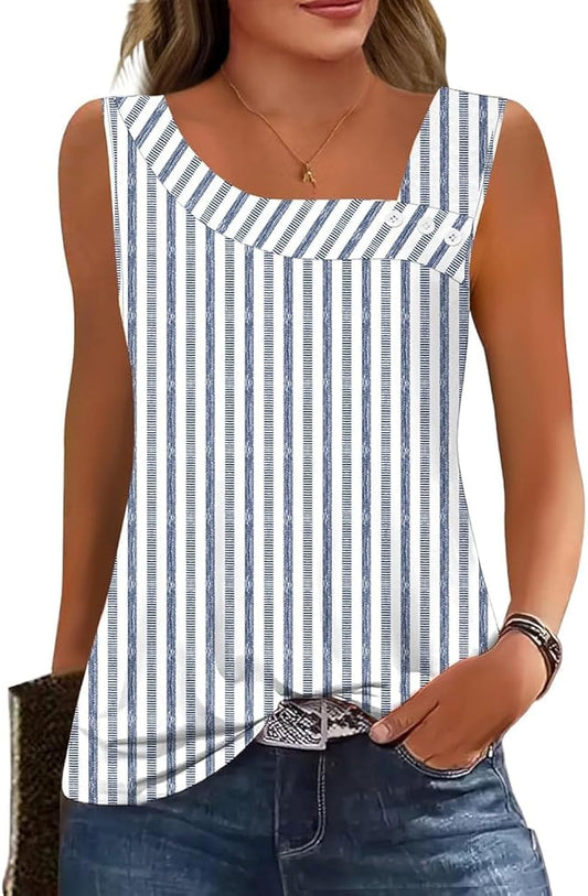 Womens Summer Tank Tops Square Neck Sleeveless Buttons Casual Dressy Tunics Basic Business Work T Shirts Blouses