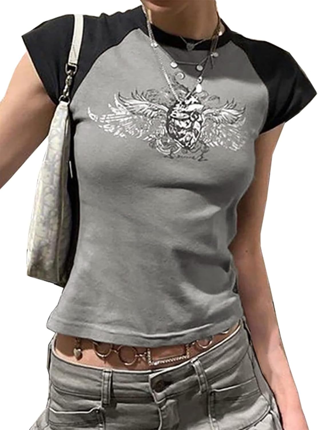 Y2K Crop Tops for Woman Short Sleeve Crew Neck Graphic Baby Tees Grunge Wing Print T-Shirt