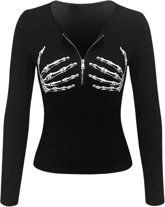 Women's Goth Skeleton Graphic Tee Shirt Zipper Long Sleeve Slim Fit Tops