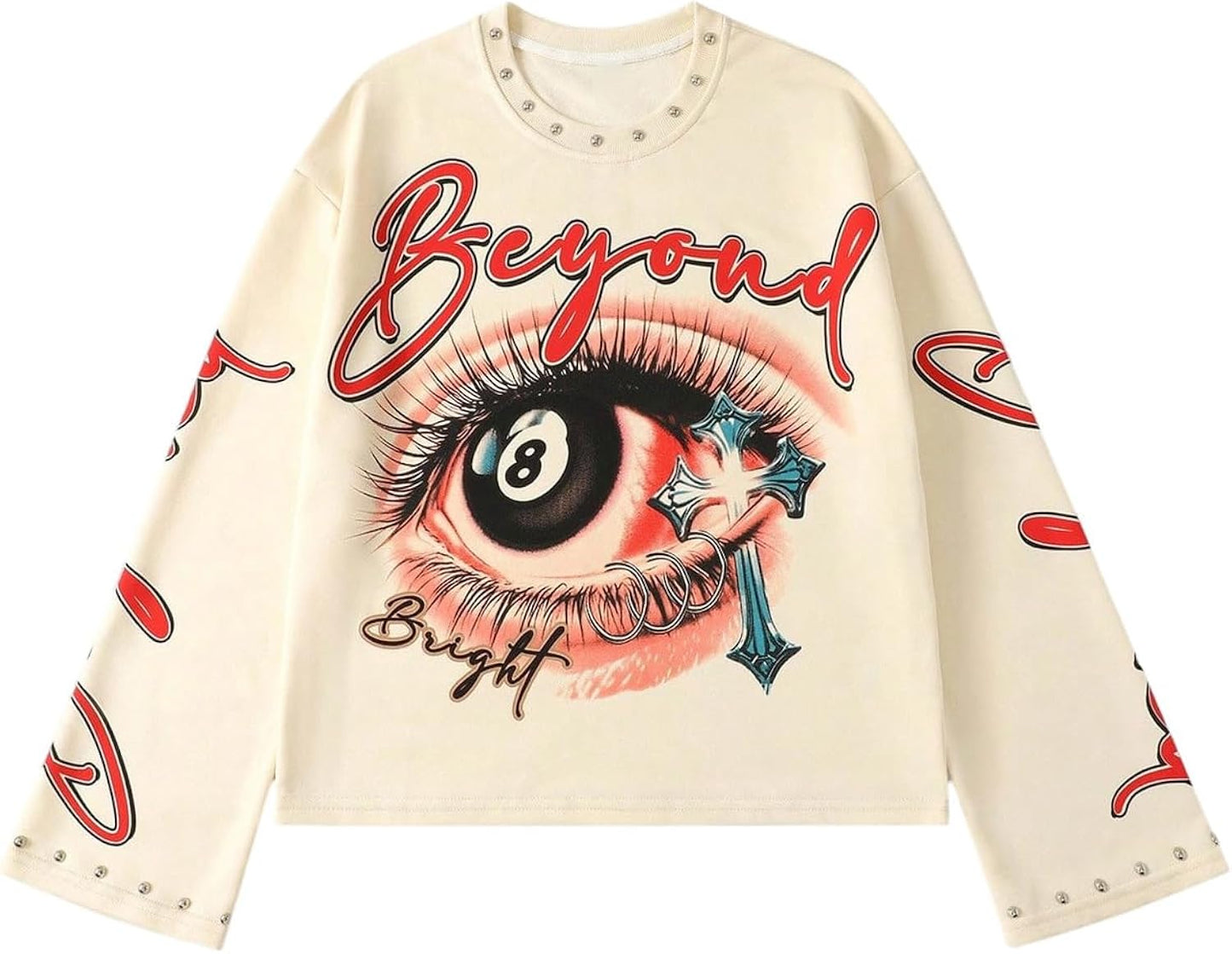 Men's Letter Eye Graphic Shirt Y2k Vintange Punk Studded Crew Neck Long Sleeve Gothic Tee Going Out Tops