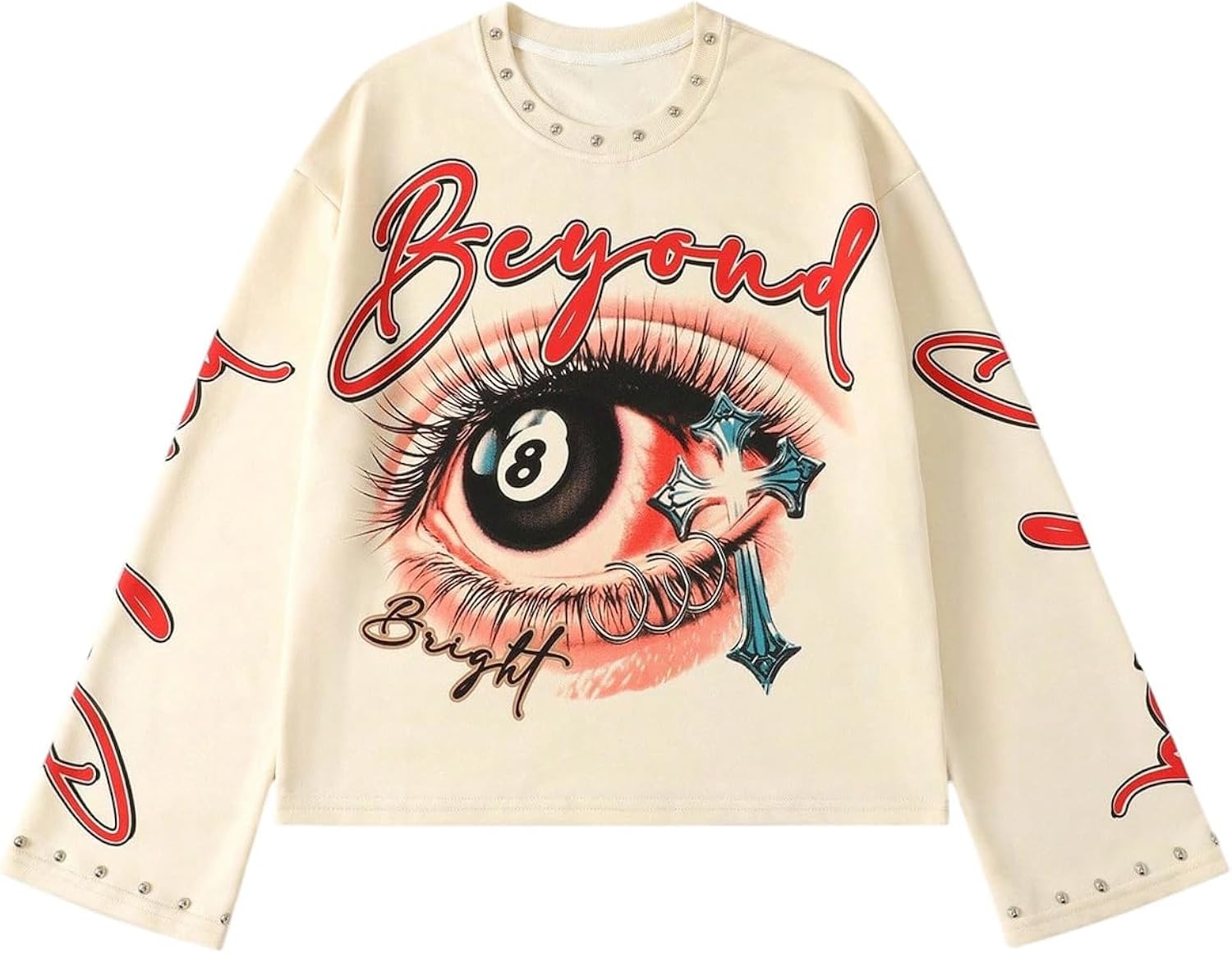Men's Letter Eye Graphic Shirt Y2k Vintange Punk Studded Crew Neck Long Sleeve Gothic Tee Going Out Tops
