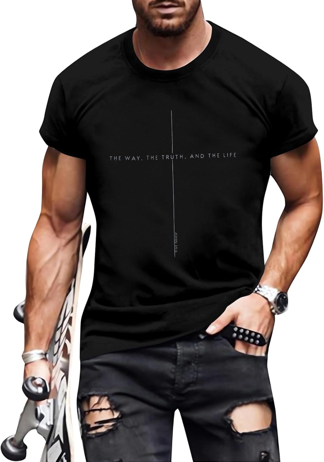 Christian Shirt Mens:The Way The Truth The Life Letter Printed Tshirt Jesus Faith Crew Neck Short Sleeve Top
