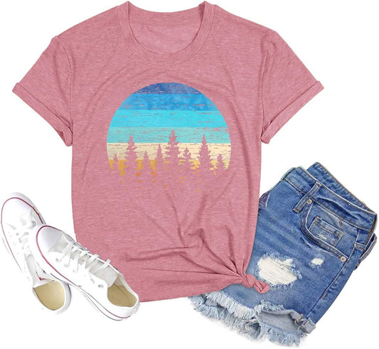 Womens Graphic Tees Hiking Camping Shirts Vintage Sunset Graphic T Shirts Summer Casual Short Sleeve Shirt