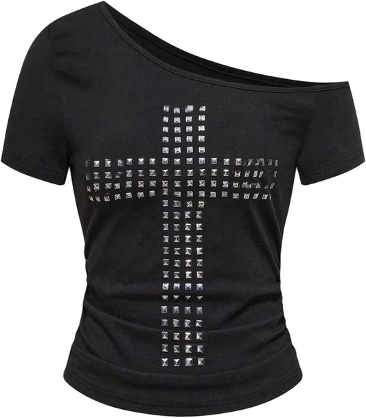 Women's Y2k Cross Rivet T Shirt Grunge Punk Off The Shoulder Short Sleeve Going Out Tops Streetwear
