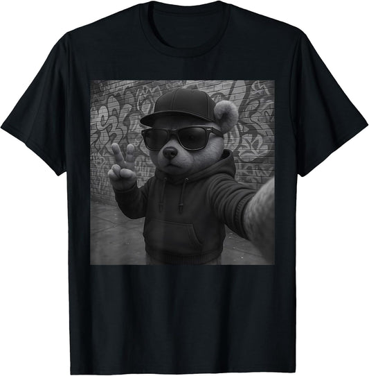 Hip Hop Teddy Bear Selfie Urban Streetwear Peace Sign Rap T-Shirt
