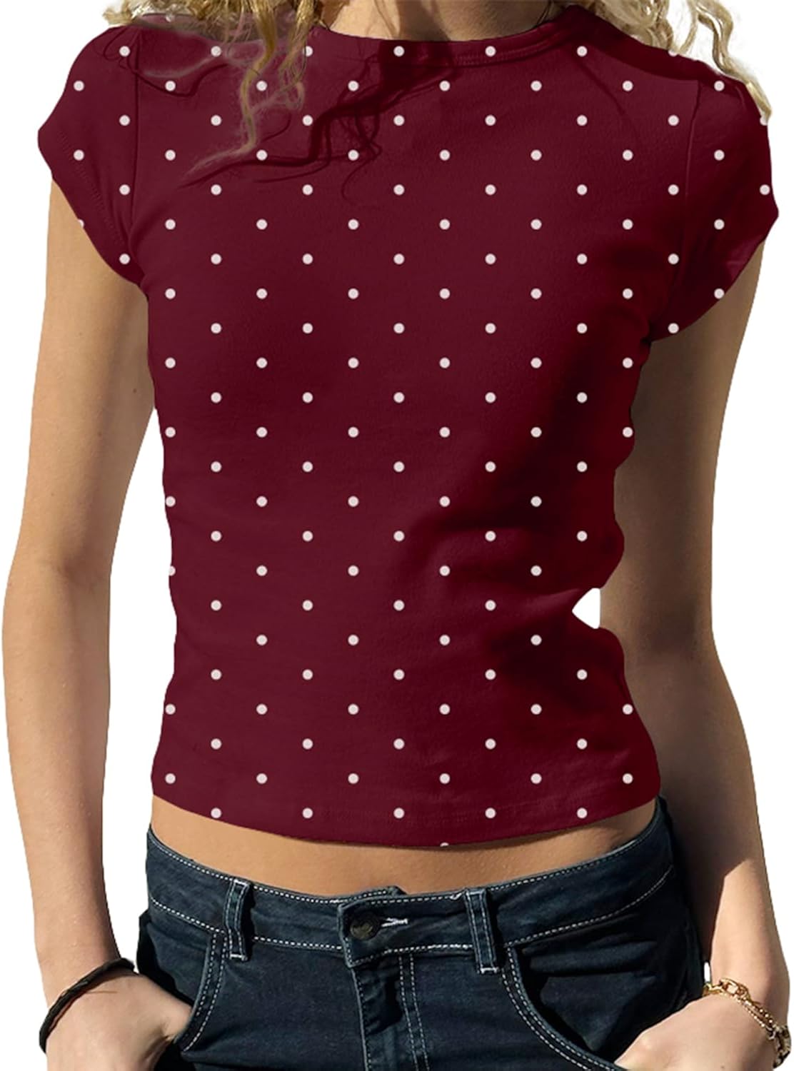 Women Cute Polka Dot Jersey Short Sleeve Crop Tshirt Y2K Aesthetic Teen Round Neck Slim Baby Tee Shirt Going Out Tops