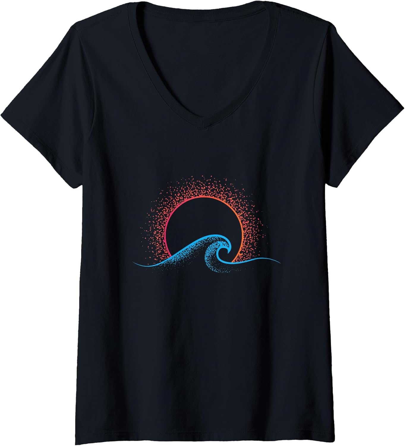 Womens Boho Minimalist Sun Ocean Wave Art Summer Theme V-Neck T-Shirt