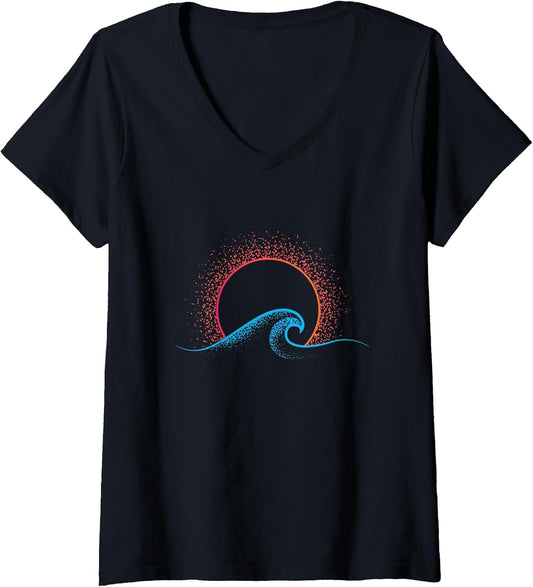 Womens Boho Minimalist Sun Ocean Wave Art Summer Theme V-Neck T-Shirt
