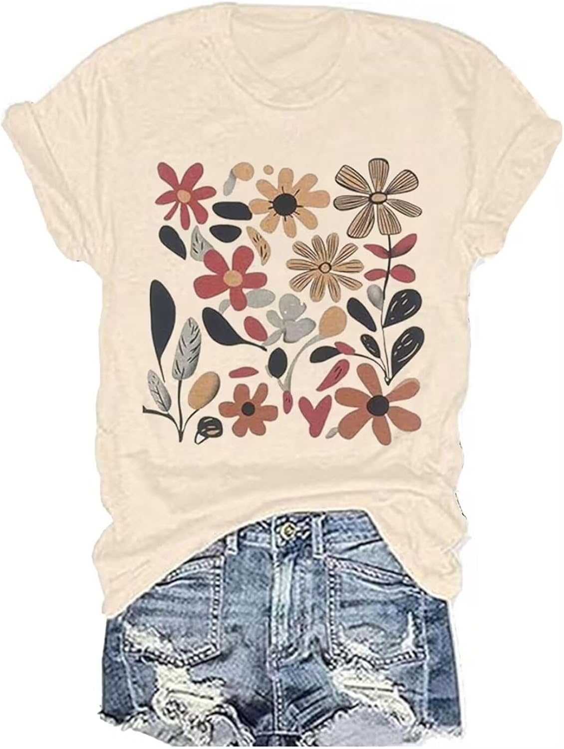 Vintage Floral T Shirt Women Boho Flowers Graphic Tees Shirts Cute Wildflowers Shirt Summer Casual Short Sleeve Tops