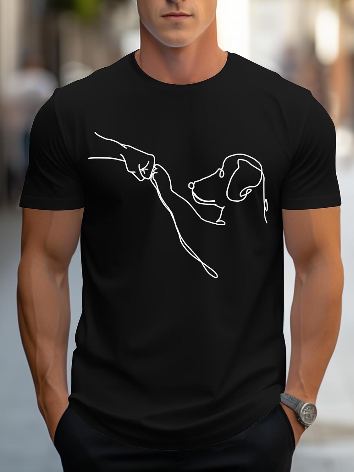 Super Cute Men's Line Art Dog Print T-Shirt | Minimalist Pet Interaction Design – Adorable Paw Print & Leash Graphic Tee