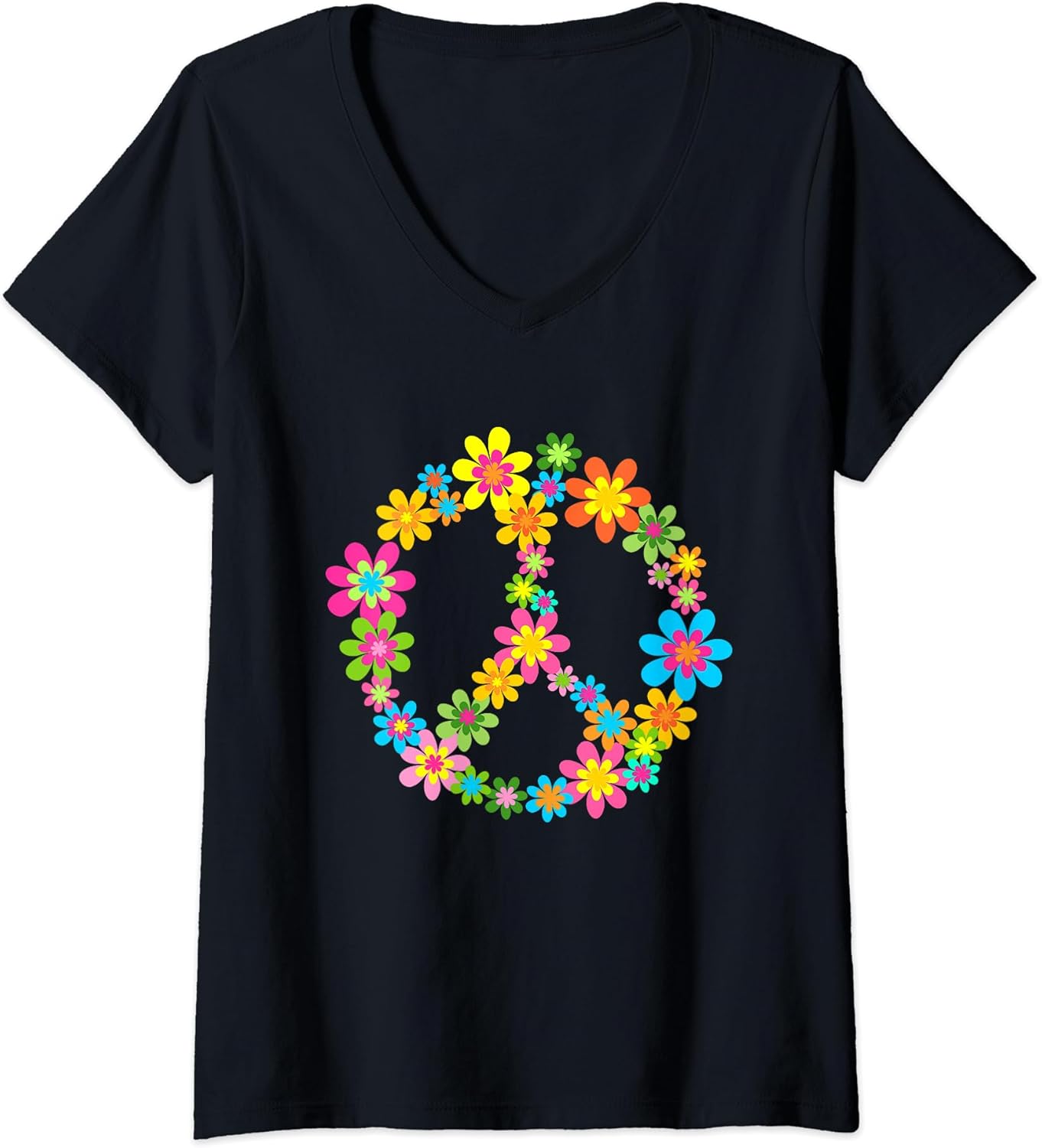 Womens Retro 60s 70s Cute Flower Peace Sign Hippie Symbol Graphic V-Neck T-Shirt