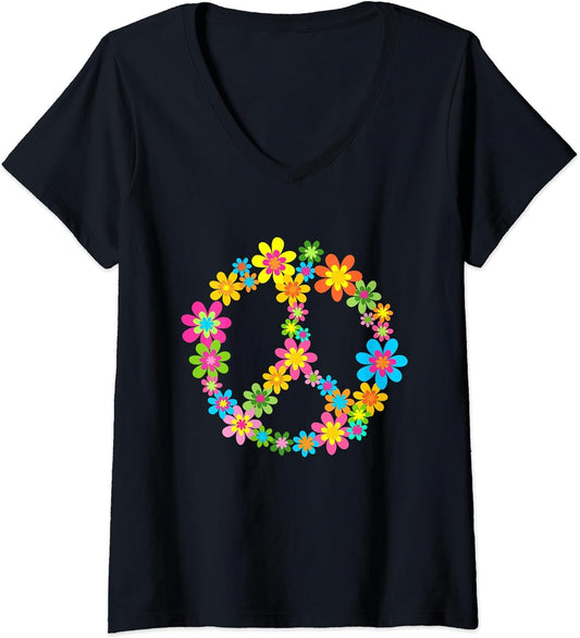 Womens Retro 60s 70s Cute Flower Peace Sign Hippie Symbol Graphic V-Neck T-Shirt
