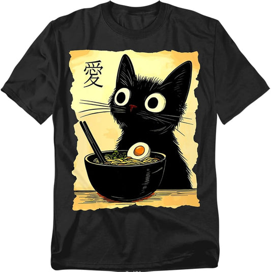 Anime Black Cat Meal T Shirt – Funny Cute Cat Japanese Food Tee for Men or Women, Unisex Adult