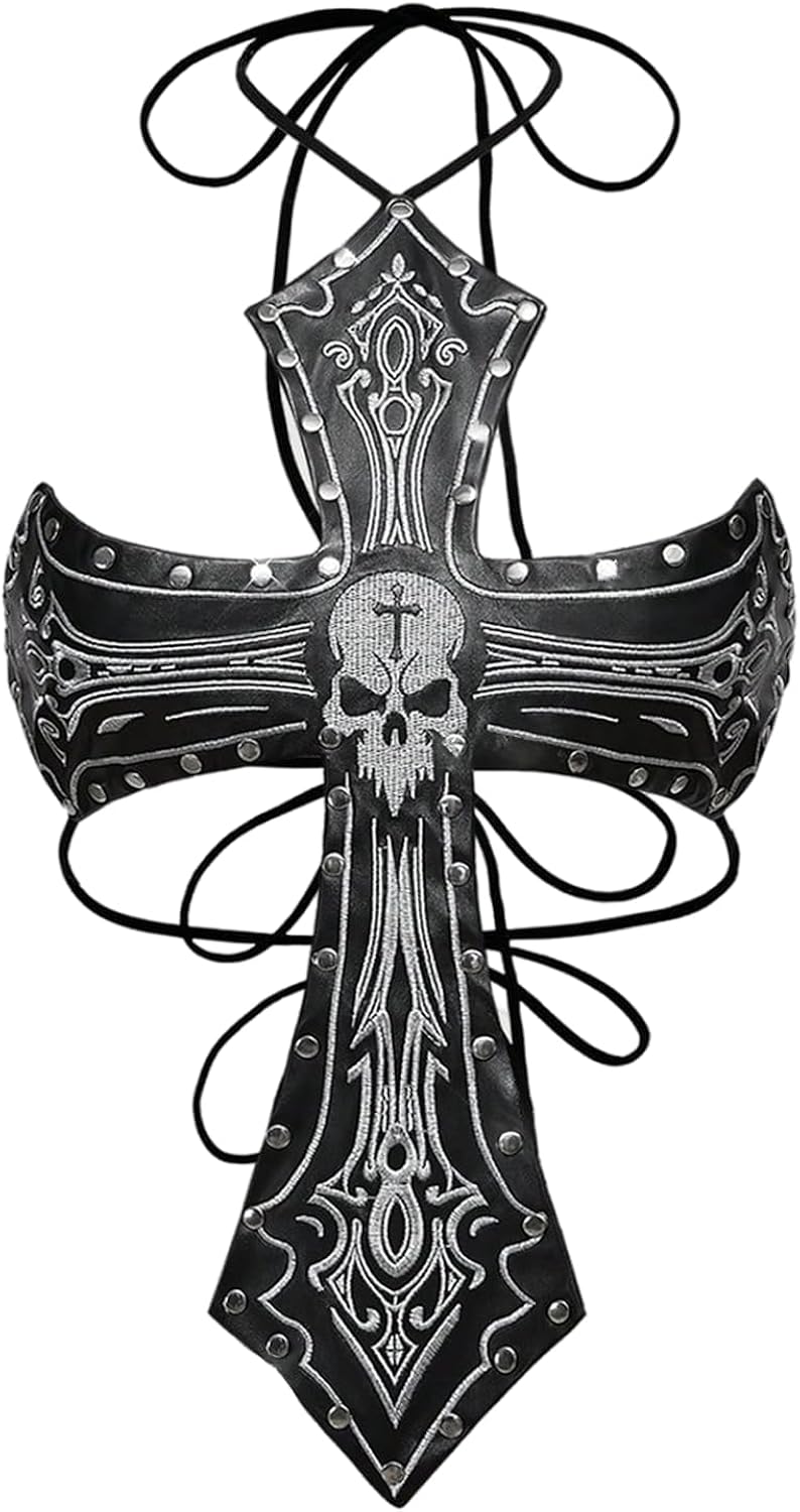 Women's Goth Cross Halter Tops Skull Pattern Sleeveless Grunge Punk Faux Leather Backless Crop Top