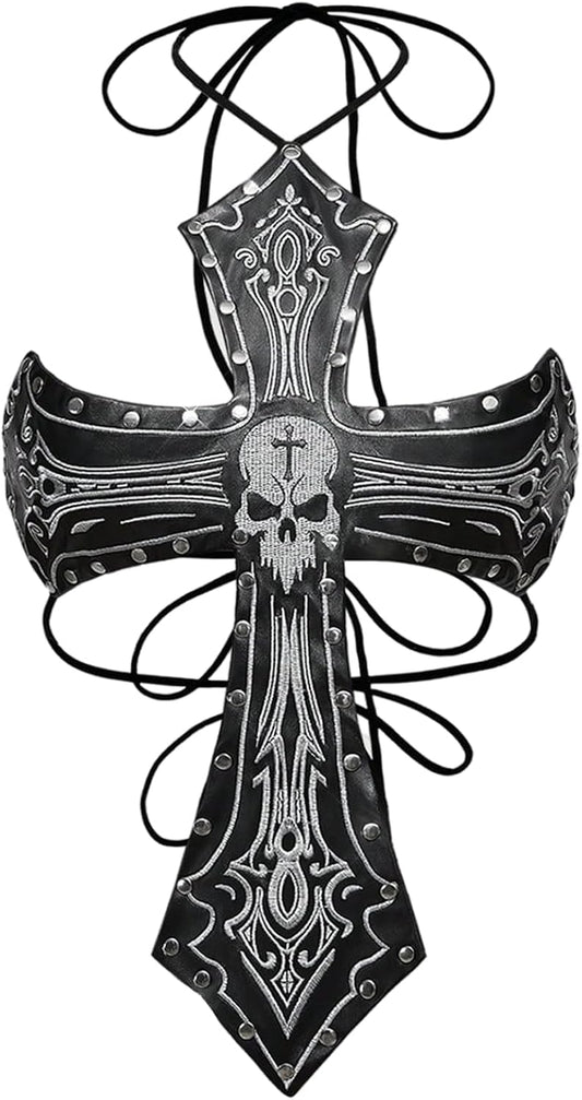 Women's Goth Cross Halter Tops Skull Pattern Sleeveless Grunge Punk Faux Leather Backless Crop Top