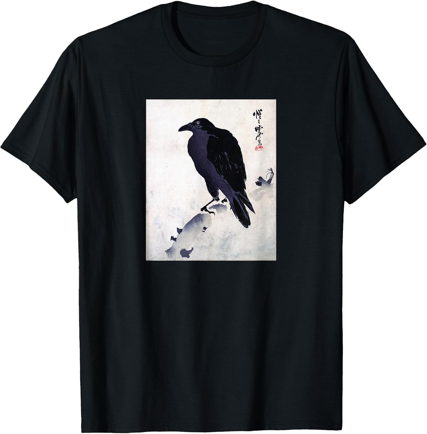 Japanese Crow Ink Art - Traditional Woodblock Bird T-Shirt