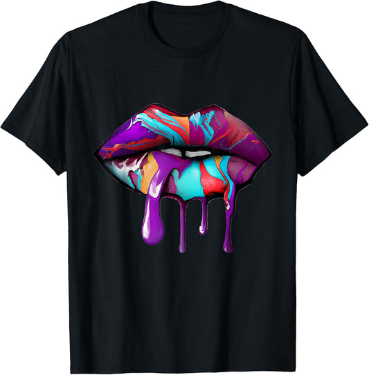 Rainbow Lips Fashion Lip Art Design Print Colorful T-Shirt Small