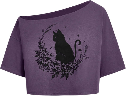 Women's Off The Shoulder Crop Tops Graphic Tees Y2k Short Sleeve Loose Fit T Shirts Streetwear