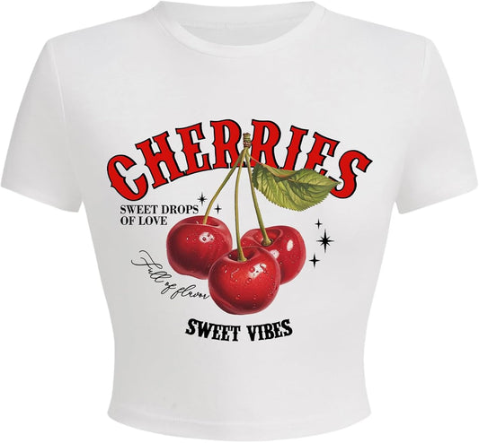 Women's Y2k Cherry Letter Print T Shirts Short Sleeve Crew Neck Summer Tops Streetwear