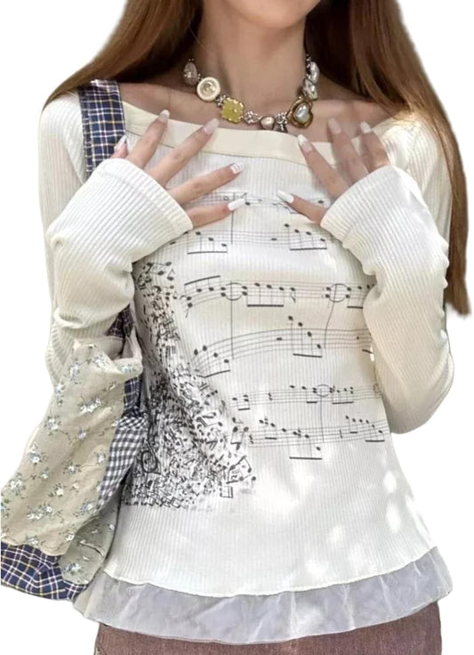 Women Y2k Graphic Fairy Grunge Shirts Goth Long Sleeve Fitted Music Shirt Vintage Aesthetic Lace Trim Tops