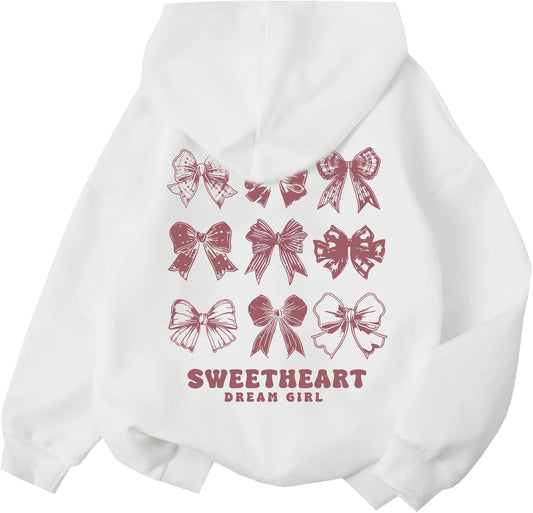 Girl's Cute Pink Bow Hoodie Aesthetic Preppy Sweatshirts Kids Casual Kawaii Bows Letter Graphic Hoodies Pullover Tops