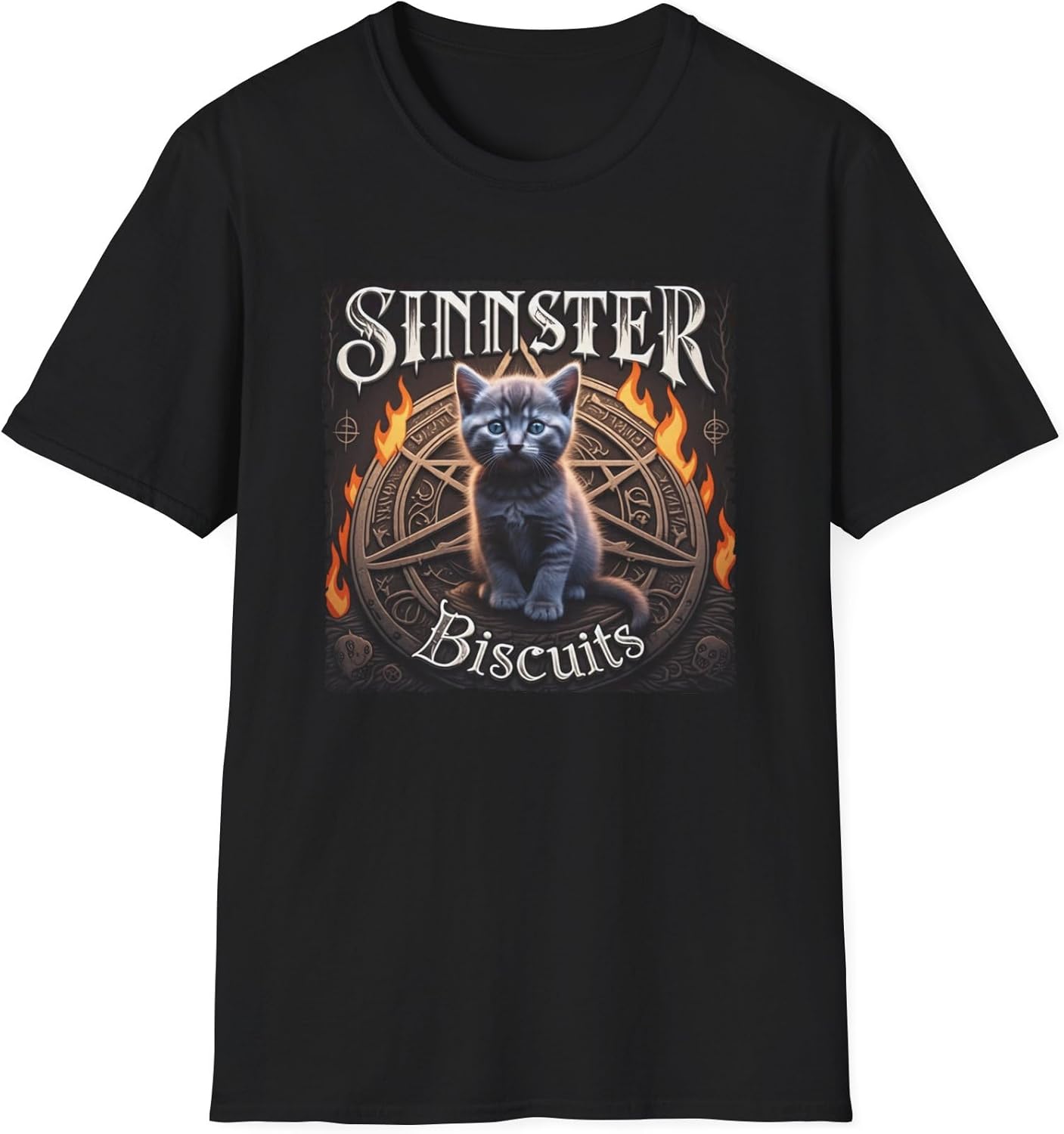 Sinister Biscuits Cat T-Shirt, Unisex Graphic Tee, Pet Lover Gift, Halloween Apparel, Quirky Cat Lover Shirt, Unique Design