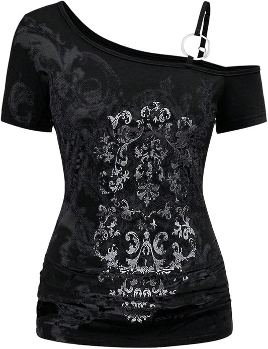Women's Y2K Gothic Tops Off The Shoulder Graphic Tees Short Sleeve Vintage T Shirt Emo Grunge Alt Clothes