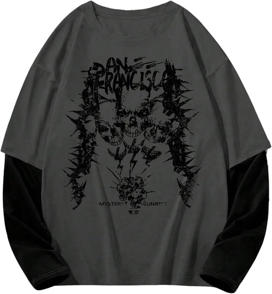 Men's Graphic Tees Y2k Gothic Skull Print Long Sleeve T Shirt 2 in 1 Crewneck Casual Tops Streetwear