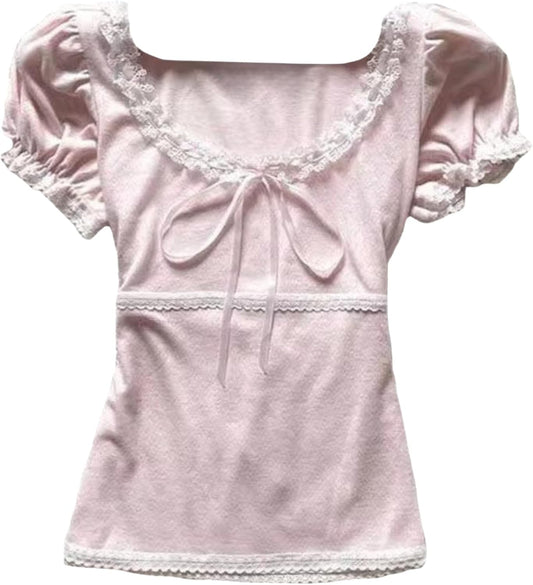 Coquette Cute Lace Trim Top Y2k Baby Tee Summer Short Sleeve V Neck Shirts 2000s Mcbling Vintage Fairy Grunge Top