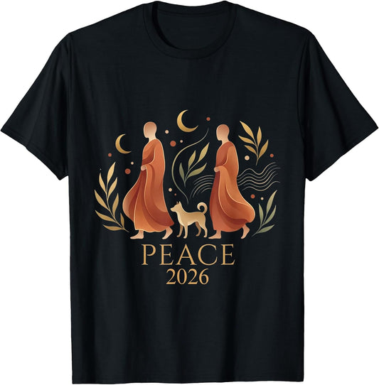 Walk Peace 2026 World Peace Monks with Aloka Dog Spiritual T-Shirt