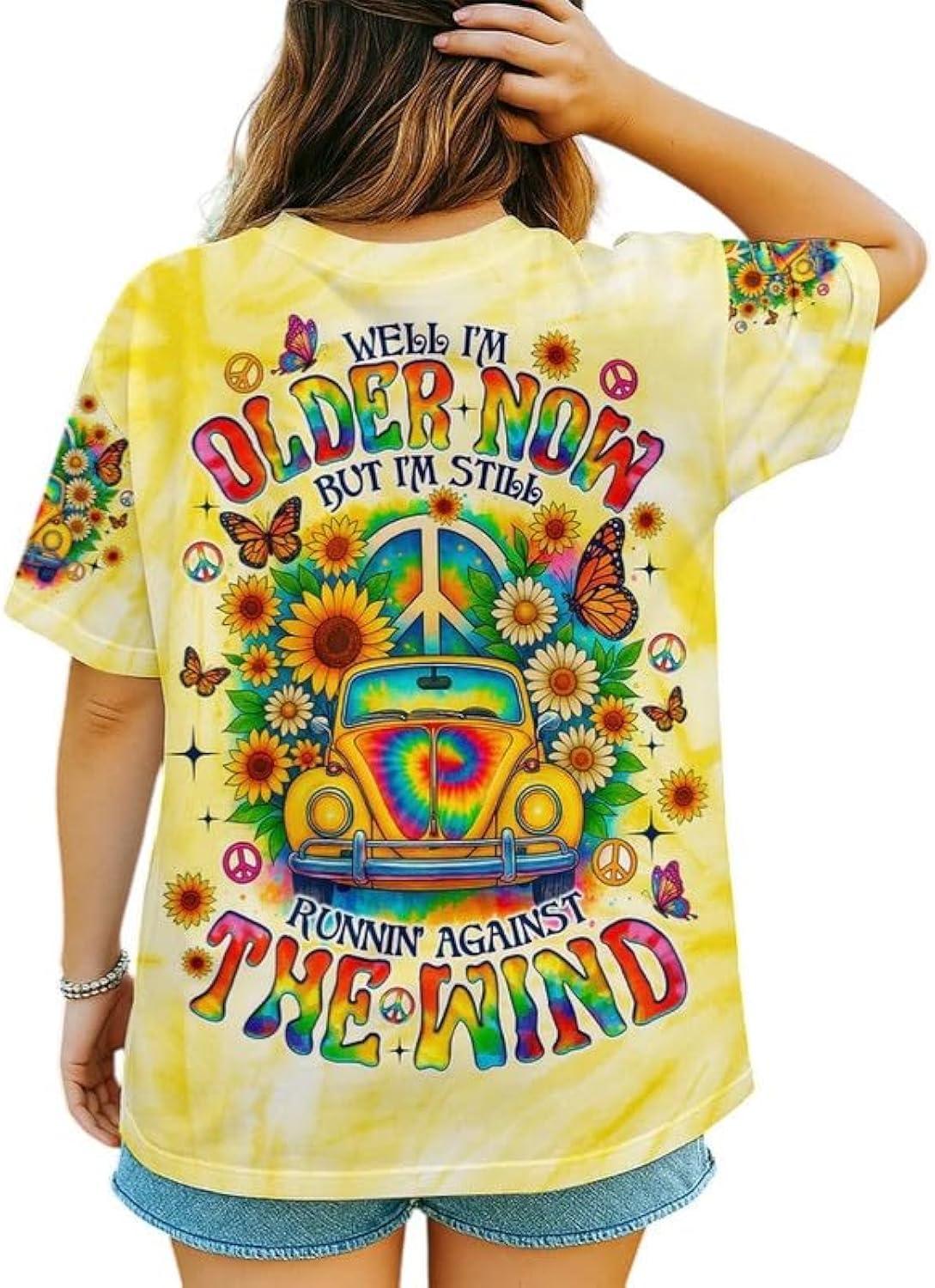 Hippie Shirt for Women, Free Spirit Retro Car Cotton Graphic Tee, Peace Sign Floral Butterfly Boho Tie Dye Summer Top