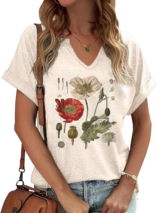PUCKOLITY Vintage Flowers V Neck Shirt for Women Boho Floral Wildflowers Graphic Tee Casual Cottagecore Summer T Shirt