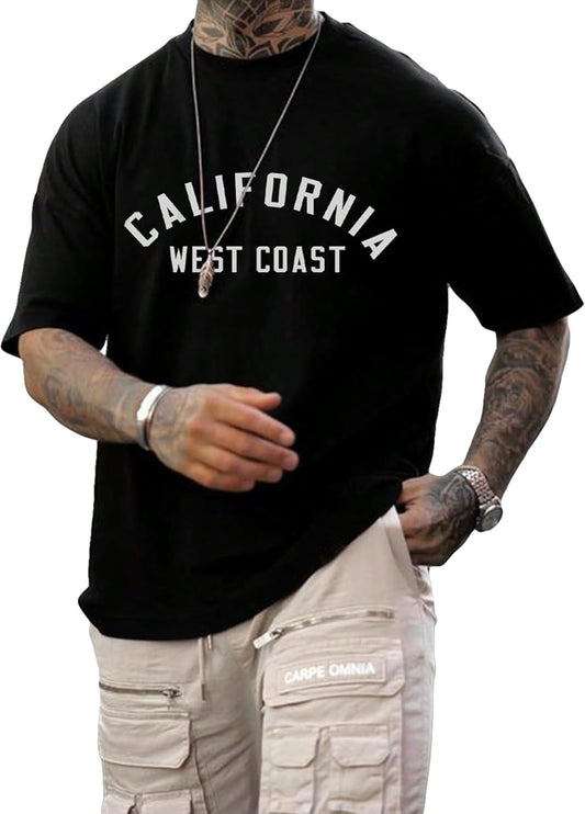 Men's Graphic Oversized T Shirt Drop Shoulder Short Sleeve Mock Neck Designer Tees Streetwear