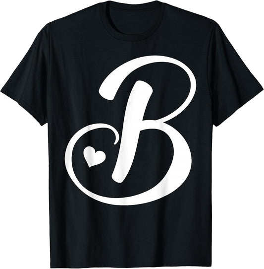 White Letter B Monogram Initial Minimalist Heart Graphic T-Shirt