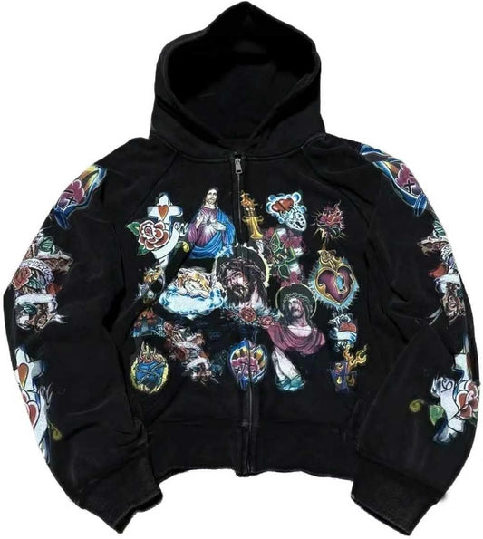 Grunge Vintage Clothes Y2k Zip Up Hoodie Streetwear Men Women Graphic Oversized Rapper Hooded Sweatshirts