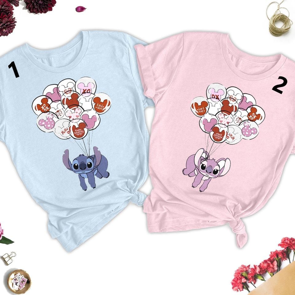 Blue Dog And Angel Balloons Matching Couple Valentine T-Shirts