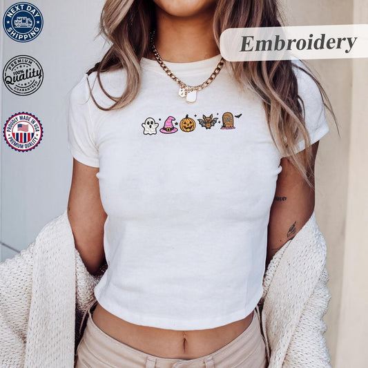 Cute Halloween Embroidery Shirt, Minimalist Halloween Embroidery Shirt, Spooky Embroidery Tee